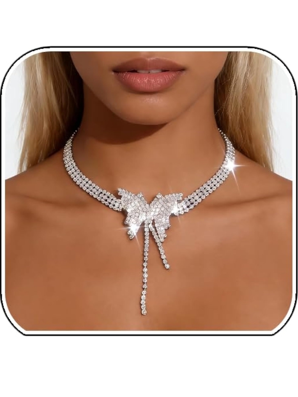 Crystal Butterfly Drop Choker Necklace - Silver